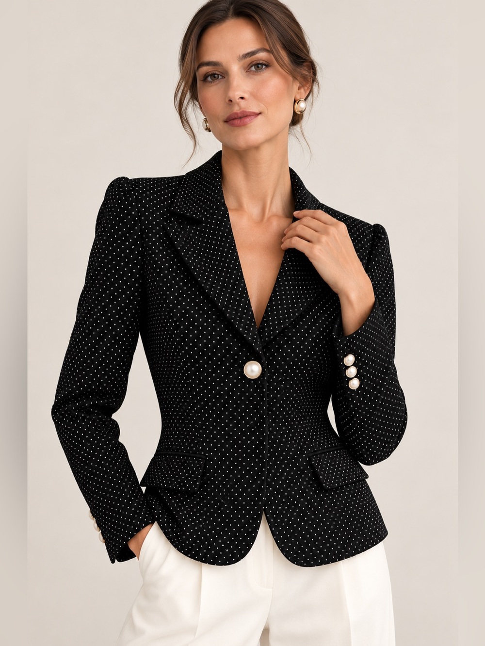 Black Micro Dot Fitted Puff Shoulder Blazer Jacket Autres Filles